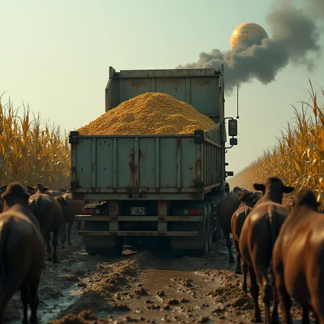 Rear view of old 18 wheeler truck loaded with corn and globe emitting toxic fumes overflowing the truck bed, stuck in mud and surrounded by a large herd of cattle crowded in the middle of a growing corn field. hyper realistic extreme close up epic scene hi...