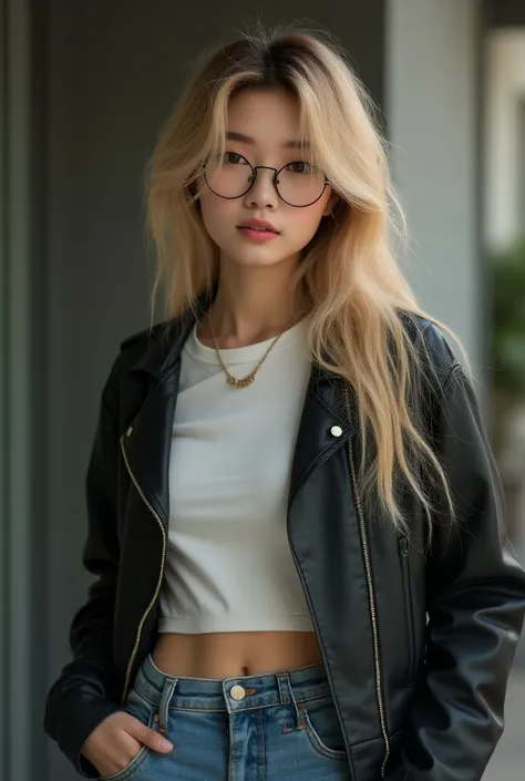 beautiful korean woman with glasses and long messy blonde hair wearing skinny jeans and tshirt with leather jacket