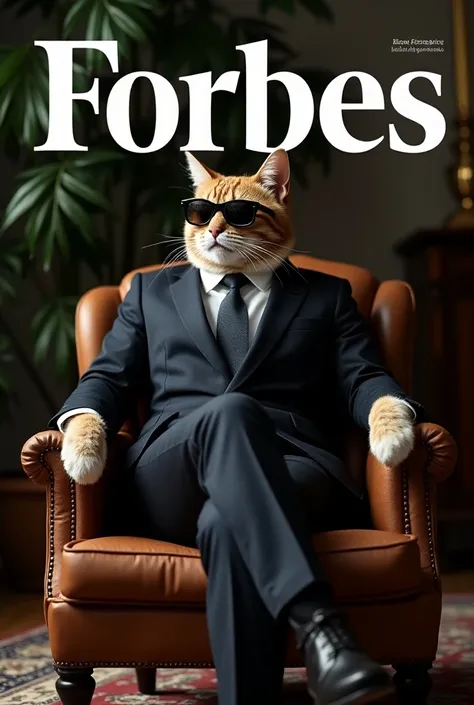 Супер A magazine cover with the title "Forbes" and a smaller mention "magazine" on the right side. Below the title, theres a large headline"BIZ FORMULA". The second smaller headline read: "2". The cover features an anthropomorphic cat wearing a tailored su...