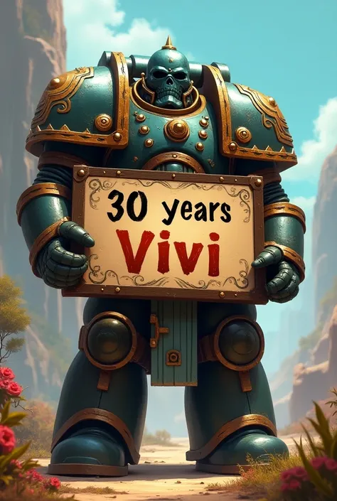  Image of a Warhammer 40k character with a sign written "30 years Vivi " Disney Pixar way 