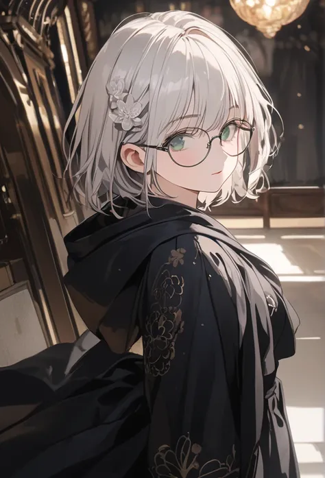 1girl(cute, , white skin, pale skin,(wearing ((simple)) black hood:1.4),(black robe(hood,white embroidery flower pattern, at edge):1.3), ((white frilly dress)), (wearing black glasses:1.4), (((green eyes))), black boots, white hair, bangs, short bob hair, ...