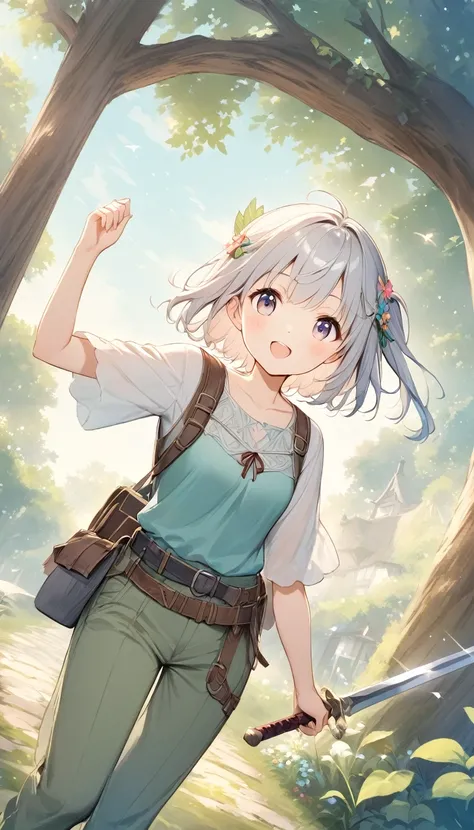  pale lines and soft colors create a dreamy effect., A fleeting impression..,One Woman、Old Tree House 、 girl has a straight iron sword、cute、 fantasy、(( fantasy 皮の鎧))、Silver Hair、 short hair、Half Up、Cute hair accessories、((Adventurer))、(((pants)))、