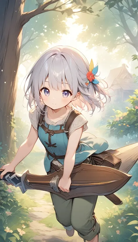  pale lines and soft colors create a dreamy effect., A fleeting impression..,One Woman、Old Tree House 、 girl has a straight iron sword、cute、 fantasy、(( fantasy 皮の鎧))、Silver Hair、 short hair、Half Up、Cute hair accessories、((Adventurer))、(((pants)))、