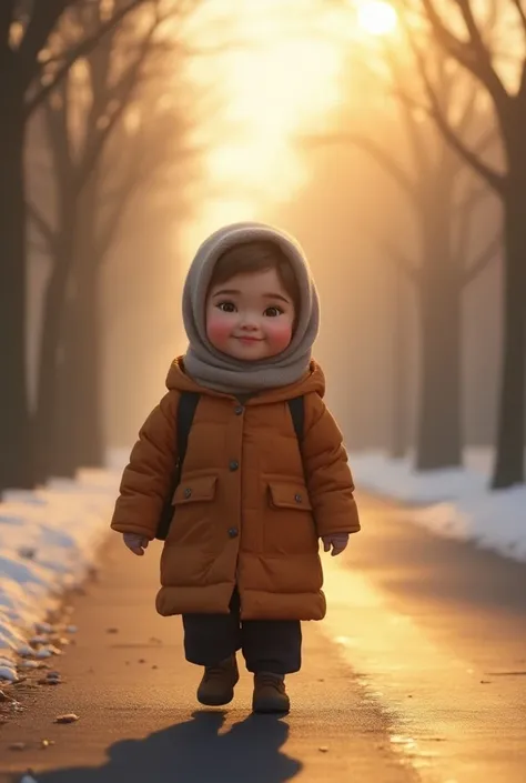 (photorealism:1.2), beautiful Muslim cute and young chubby girl in route to school in early winter morning with the sun shading around trees and Pogs 