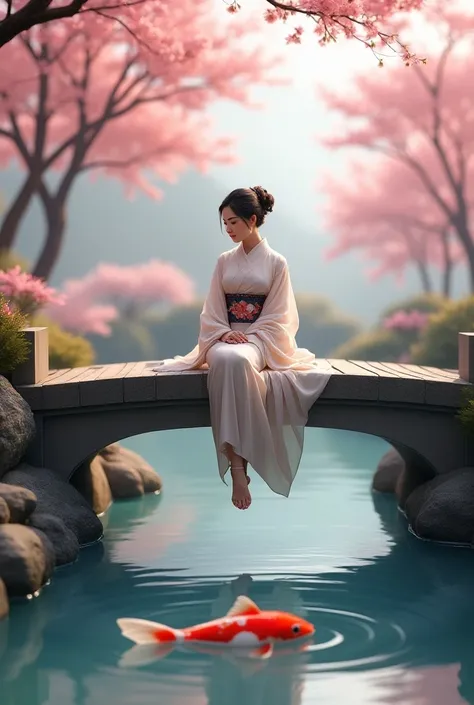  The most beautiful Japanese woman in the world, is sitting on a bridge .  Under it there is a koi fish in the water . Spring view of Sakura . 3d real image. 