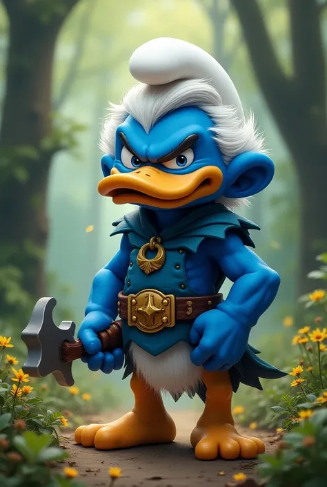 Scrooge duck as warrior smurf