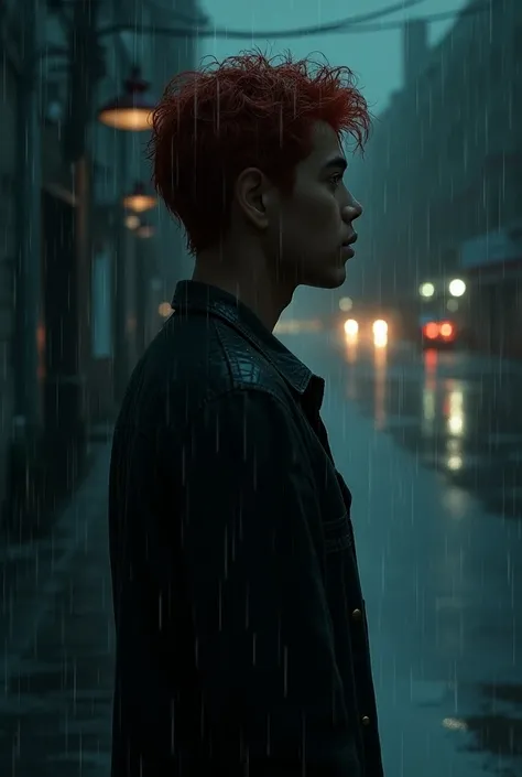 a young boy, About 18 years old, latino, with light dark skin, red hair,  is expressionless in the face of the midnight rain,  this one is in the street and soaked , well, It does not have an umbrella 