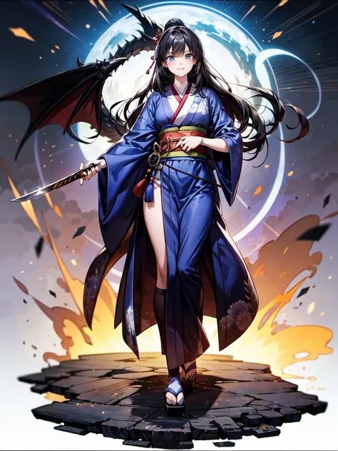 sfw, masterpiece,  High Resolution ,  full body standing picture depicting an anatomically correct ,  very detailed,  ultra-fine, (Manga cover illustration ), (Black-haired beauty), kimono, Long Hair,  with purple blue eyes ,  holding a Japanese sword with...