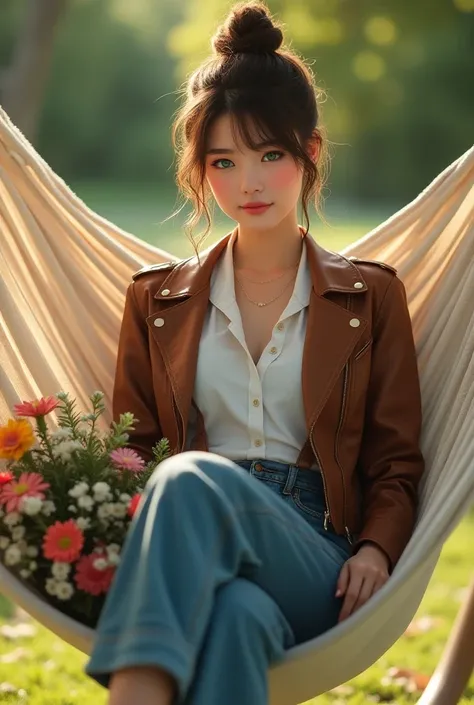 Beautiful young 18 year old caucasian girl, medium brown hair with top bun, green eyes, slight half smile, wearing brown leather motorcycle jacket, white formal button up blouse, suspender pants, wide leg denim pants, lying on hammock, high heels sandals h...