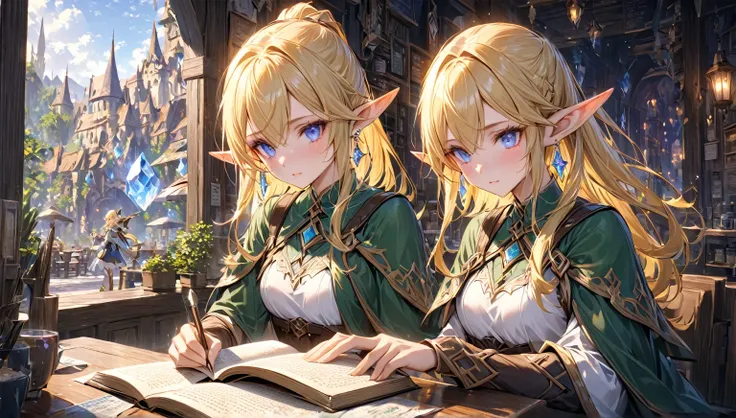 The background is illustrated 75 ％、 perfect eyes, Soft light, High image quality, 4K resolution, masterpiece,  textured skin, detailed, Detailed face, Detailed eyes,  best quality, Super detailed, High image quality, Elf, Blonde, Half Up， pointed ears,  cr...