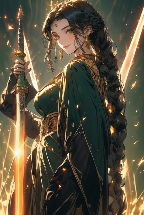  masterpiece ,  Anatomically correct,  The best quality , 1 woman,  black hair ,  Hair in front of the ears , Braid, medium breasts,  Light smile, green eyes, Jealous, plano americano,  Lens flare, armor,  green cape with golden edges, light sword ,  sword...