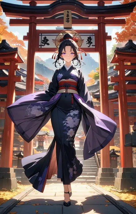 (masterpiece, ultra quality, official art, 8k, beautiful and aesthetic:1.3), (1lady), solo, (full body shot:1.3), (The landscape of the shrine in the fall), anatomically correct, absurdres, (well-defined facial features, perfectly proportioned face, gracef...