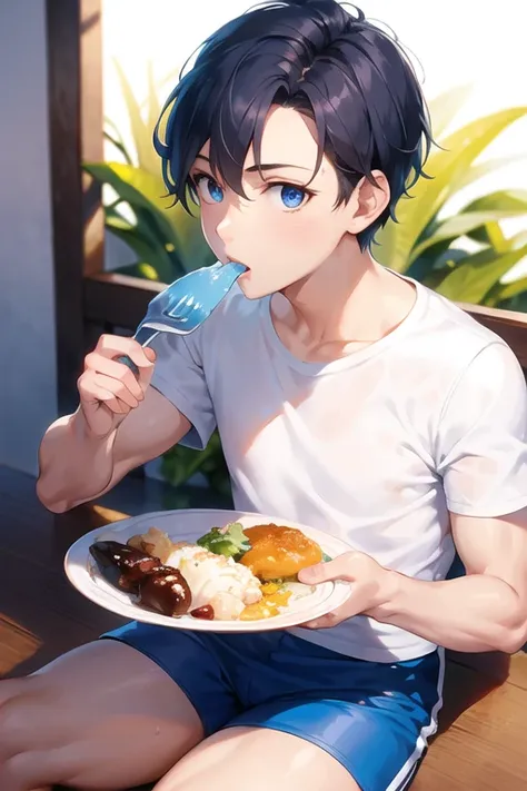 a boy wearing a white sleeved shirt and blue shorts, eating a course meal, beautiful detailed eyes, flawless skin, realistic textures, detailed background