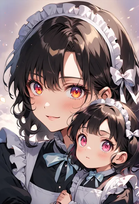 a mother and daughter stand side by side in a warm, anime-style portrait. both wear matching maid outfits, with black dresses, w...