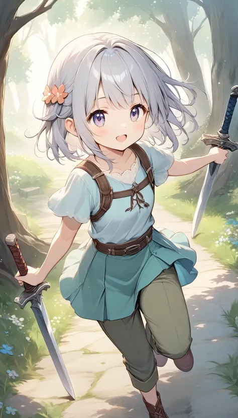  pale lines and soft colors create a dreamy effect., A fleeting impression..,One Woman、Old Tree House 、 girl has a straight iron sword、cute、 fantasy、(( fantasy 皮の鎧))、Silver Hair、 short hair、Half Up、Cute hair accessories、((Adventurer))、(((pants)))、(((skirt)...