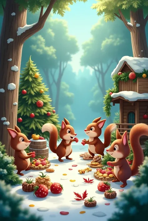 Animated image of Animals  bustling about, gathering food and decorations  for the upcoming Christmas 