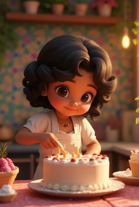 Une bébé princesse avec les cheveux châtains bouclés, yeux marrons méditerranéenne style Disney Pixar qui fait gâteau danniversaire en Jasmine