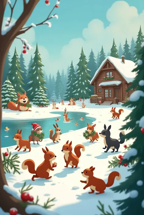 Animated image of Animals big and small  bustling about, gathering food and decorations  for the upcoming Christmas 