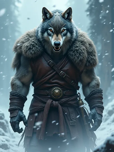  loup habillé en viking dans une tempête de neige avec un regard méchant