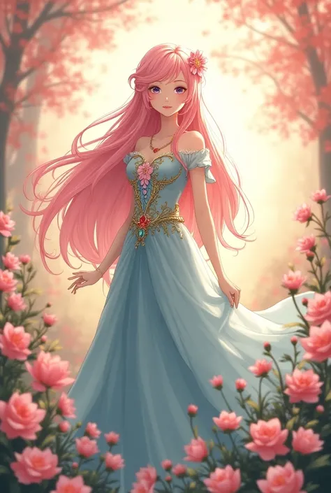 Pink-haired Princess: "A lovely anime princess with soft pink hair cascading down her back, wearing a soft blue and gold gown with intricate floral designs. She stands in a blossoming garden surrounded by vibrant flowers, their petals reflecting the glow o...