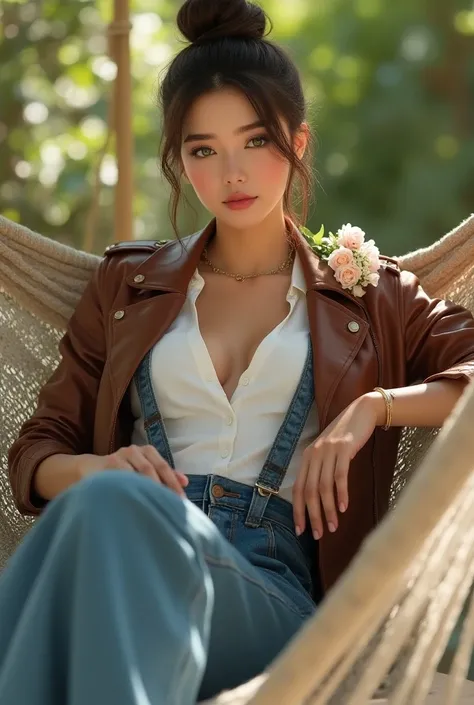 Beautiful young 18 year old caucasian girl, medium brown hair with top bun, green eyes, slight half smile, wearing brown leather motorcycle jacket, white formal button up blouse, suspender pants, wide leg denim pants, lying on hammock, high heels sandals h...