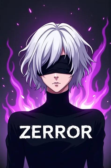 Make a logo in which a anime character is wearing a black headband on his eyes with white hairs and a full black shirt on his chest with a cool purple fire background,there should be Zerror written below the neck in a cool purple theme font