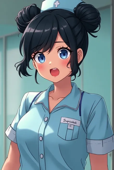  Manga Style Image ,  slightly realistic ,  to be noticed as a drawing like those in Spiderverse :  A nurse with a slightly obese figure ,  with their black hair tied up in balls .  Her deep blue eyes show a mixture of warmth and professionalism,  but they...