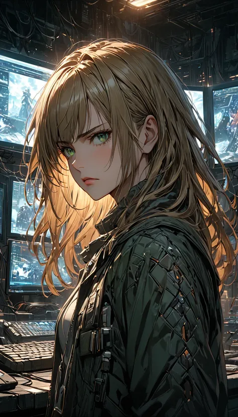 1 person, upper body, (((adult))), (((woman in her 20s))), (((mature))), techno utopia setting, long dark blonde hair, dark green eyes, serious expression, anime, no mistakes, best anatomy, computer screens in background, masterpiece, hq, hd detailed chara...