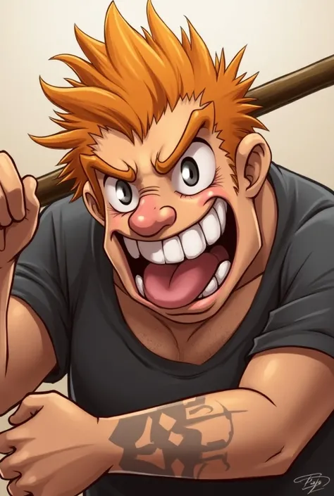 digital artwork, illustrative, tite kubo (/style/), anime, solo, (((twirling quarterstaff))), detailed face, age marks, pockmarks, snub nose, ugly, wide open mouth, tongue out, wide grin, upturned nose, highly detailed, detailed face, FFCorneo, fat, horny,...