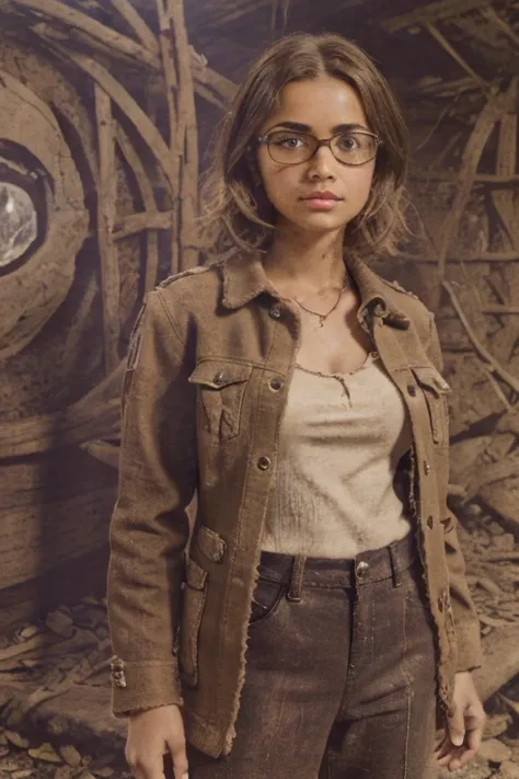 postapocalyptic world, 1 strong musular circle-faced brown-eyed woman in glasses, like a teenage young with natural soft very ti...