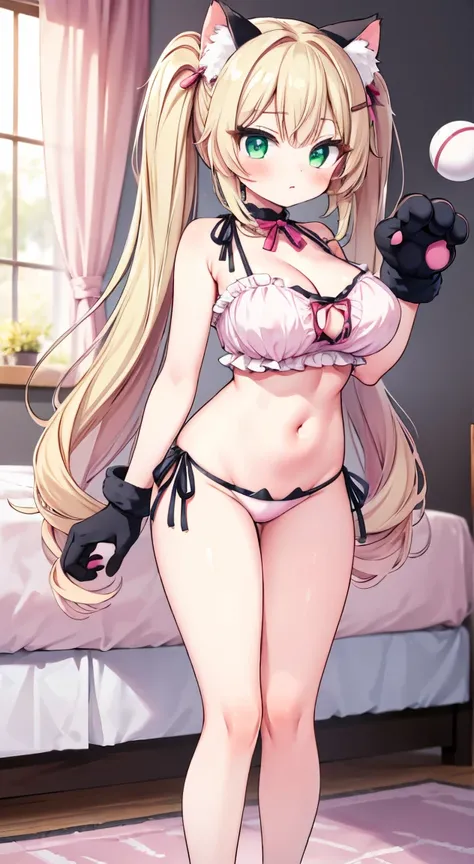 incoming kiss,(light green cat lingerie1.3),lightgreen Cat ear,lightgreen Paw Ball Gloves,standing,gold pink twintailshair,Cute eyes,side tie panties,Large Breasts,Perfect hands,Perfect legs,girl room,