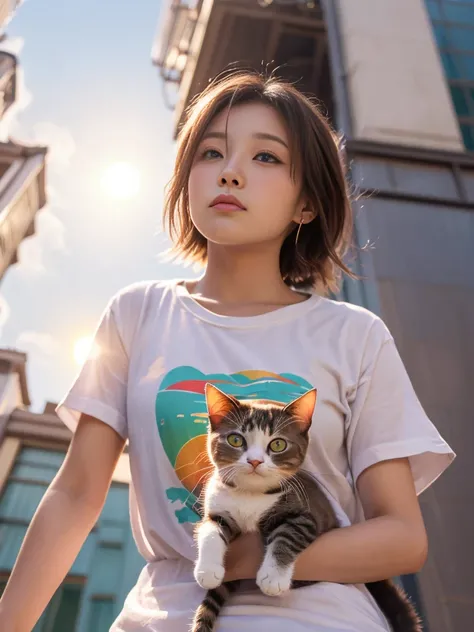 4K.HD. (Masterpiece, Best Quality, ) ,bokeh, a girl, Light brown beautiful hair, Light brown eyes, Plump breast, Blushed face, (cat ear:1.2), colourful t-shirt,  (Japanese idle:1.6), holding a pretty cat,   Looking at the viewer, (background is sunset wall...