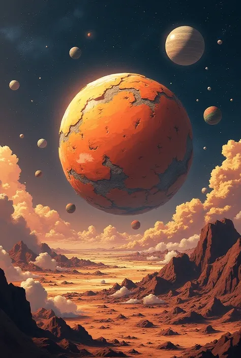  An anime planet ,  in space with wreckage of the planet floating, Anime drawing, an orange planet , 