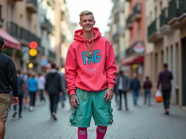 
realistic photo, full length view, of a blond  hype-fashion cute fag young man, short clean undercut fashion styled haircut, in street, wearing large shorts, FAG logo hoodies , pink FAG logo socks, hyper-fashioned colored sneakers, lots of rings, bracelet...