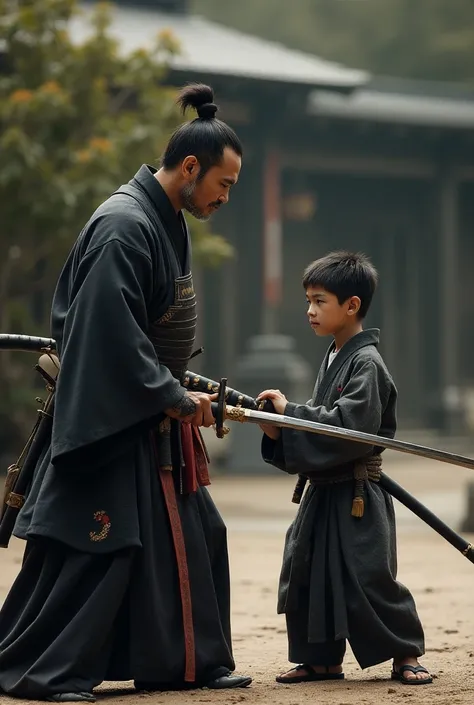 Japanese samurai together with his son practicing sword fencing