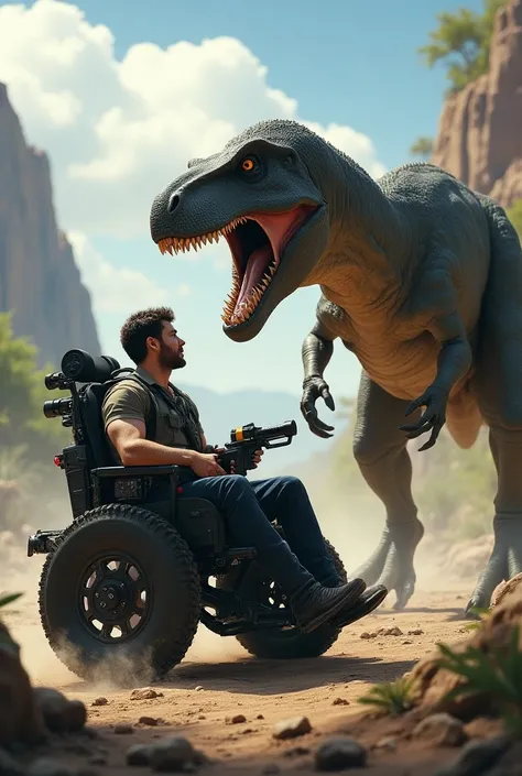 Man fighting dinosaur in a wheelchair