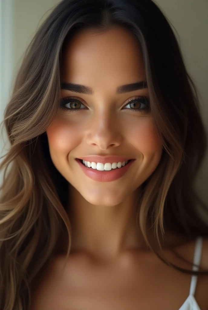 Beautiful woman with big lips nice teeth light makeup long hair realistic
