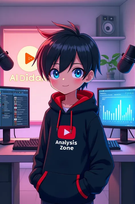 The image shows a vibrant and colorful anime-style illustration. Heres a detailed breakdown:

- **Character**: In the center is a cartoon character, likely an anime Young man with short black hair and red highlights. He has bright blue eyes and is wearing ...