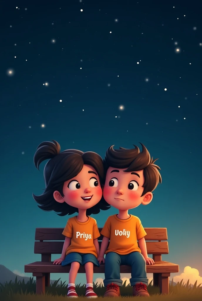 A cute cartoon couple with the girls T-shirt having Priya written on it and the boys T-shirt having Jonty written on it, sitting together on a bench and looking at the stars.