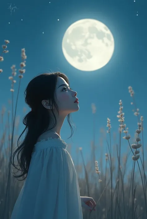 Mid-Autumn Moon,Japanese silver grass,Girl watching the moon,moonlight,soft lighting,masterpiece,best quality,beautiful,16K,romantic atmosphere,looking up