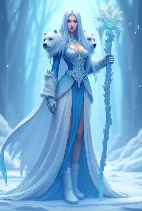 (best quality,8k,anime,ultra-detailed),rainha de gelo, Sylvanas Windrunner, long blue shiny hair,shoulder pads with frozen polar bear faces,staff made of ice in her right hand, long white and blue dress, Ice made fancy shoes, ice under her feet --auto --s2