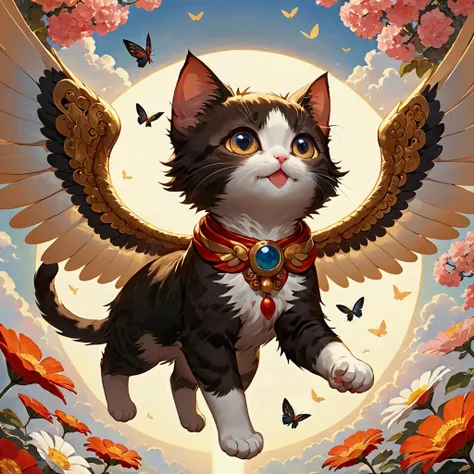 Gods，cat man， Wings ，Cute little，happy，sacred，fly， high resolution ，detail， best quality