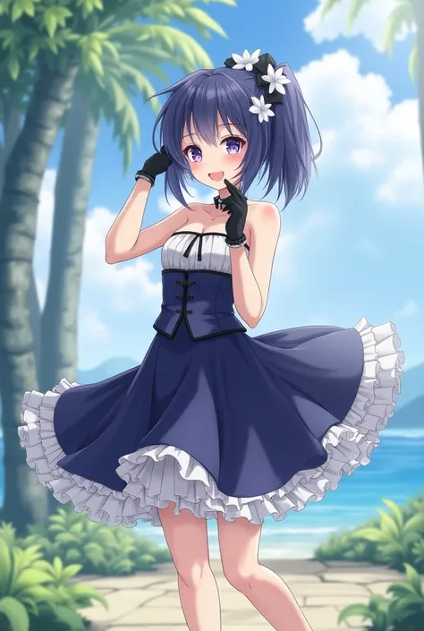 masterpiece,  best quality , Extremely detailed 8k wallpaper,  1 Girl , outdoor, Helena(azur lane),strapless skirt, skirt, layered skirt,White Flowers, hair accessories,  purple eyes , (collar), contour, (Black gloves), Bare legs,