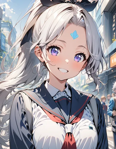 One Girl、Silver Hair、 ponytail、Showing his forehead、future、Student Uniform、A big smile、、delicate、 slender、beautiful girl