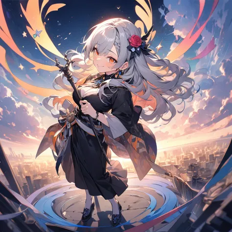 masterpiece:1.3,  full body standing picture depicting an anatomically correct :1.2, NFSW,  ultra-fine, High definition face:1.3,8k,2.5D, Above the Clouds,  1 girl, solo, 18 years old, cute, Braided bangs,Braided long hair, Silver Hair:1.3, Orange Inner Co...