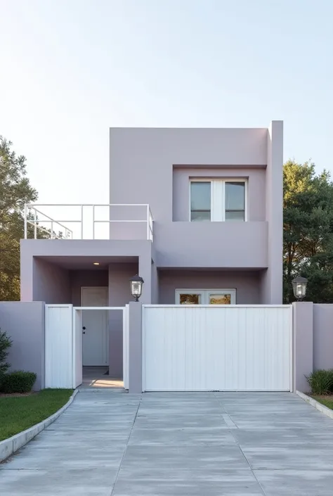  Simple American house, with closed garage on the side, light purple, of concrete ,  not wood ,  gate and white doors