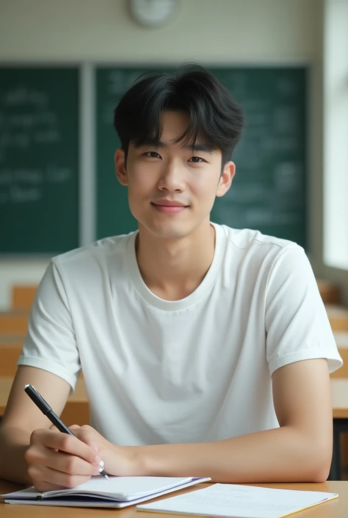  A man sits in the classroom , [handsome guy,  male student ,  in the classroom on campus , this  male student  is wearing a white T-shirt, short black hair, Holding a pen in his hand,  has an essay , There are books,  The lens is mainly focused on the upp...