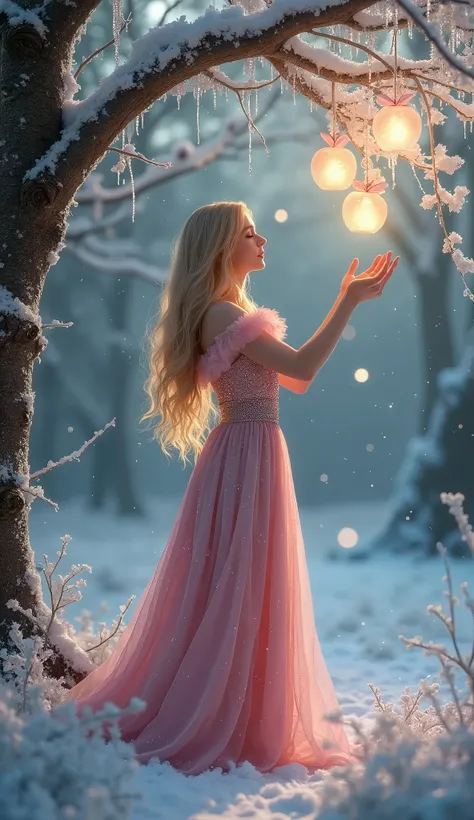 A beautiful blonde princess in a pink dress collects glass apples from a tree in a magical forest in the winter under the moon.