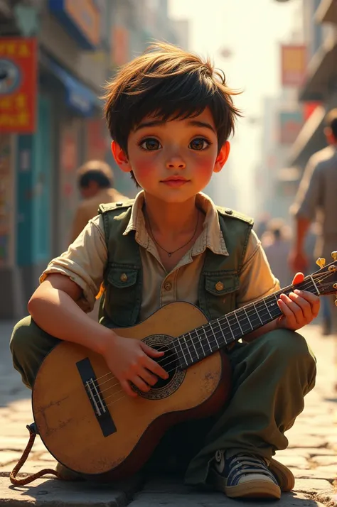 A young boy sitting on a busy street corner, wearing tattered clothes, with a hopeful expression. He holds a worn-out musical instrument, surrounded by passersby. The background features colorful street art and bustling city life, symbolizing his dreams an...