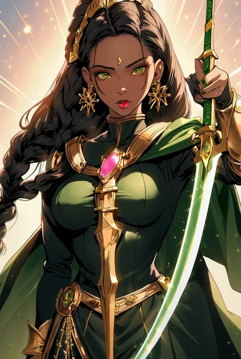  masterpiece ,  Anatomically Correct,  The best quality , 1 woman,  black hair ,  Hair in front of the ears , Braid, medium breasts, Tuda expression, green eyes, pink lipstick, Jealous, plano americano,  Lens flare, Knight Armor ,  green cape with golden e...